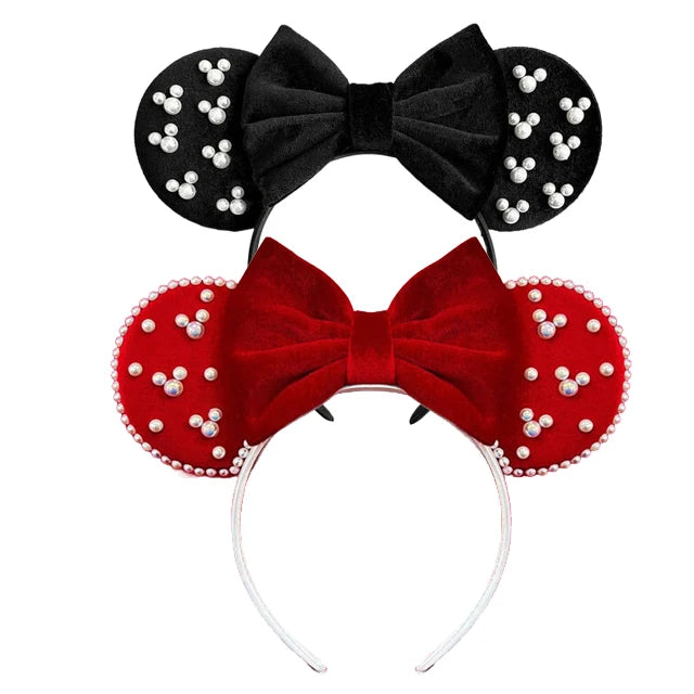 White Pearls Mickey Ears Hair Accessories for Girls Solid Color Soft Cotton Bow Headbands Women Minnie Mouse Hair Accessorie Qme Headband 11