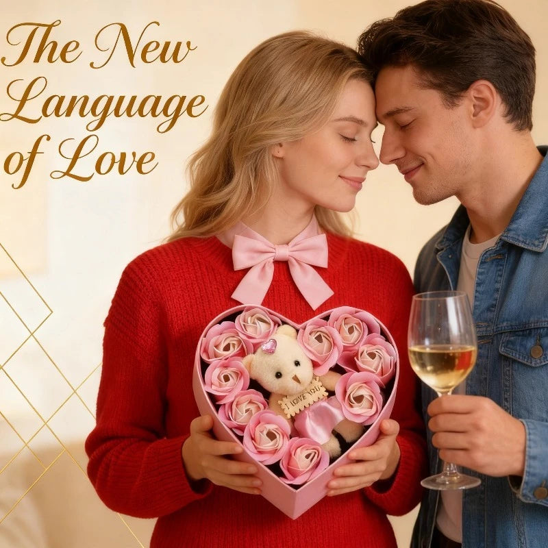 Valentine's Day 10 Floral Rose Artificial Flowers 1 Bear Box Qme