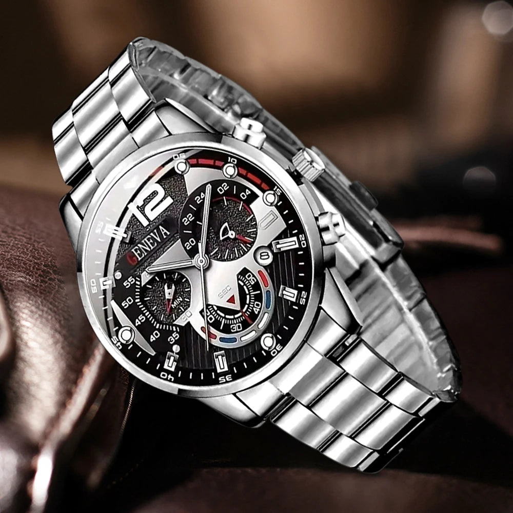 4Pcs Mixed Style Geneva Men Chronograph Watch Set Alloy Metal & Leather Strap Black Roman Dial Quartz Wristwatch Qme