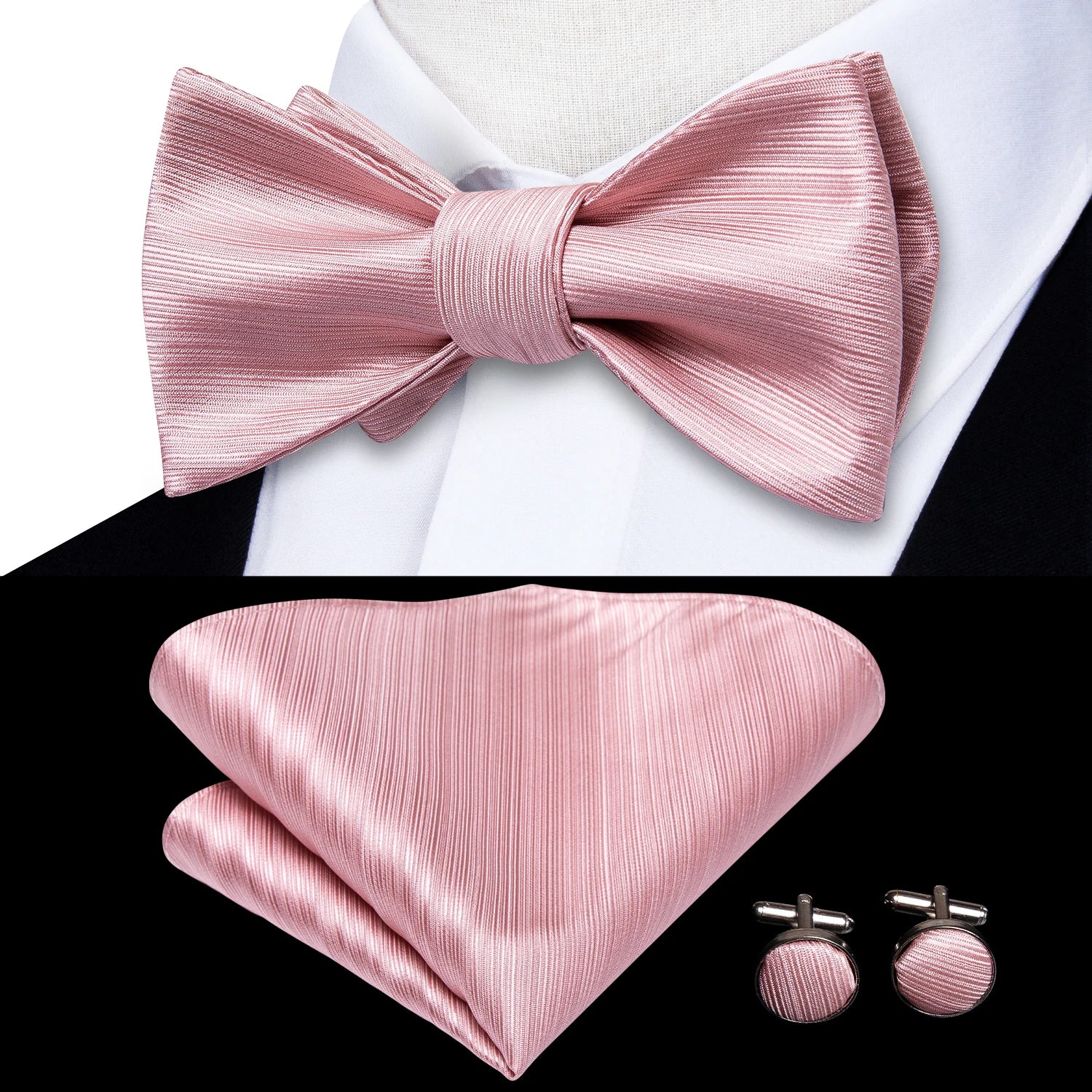 Hi-tie Silk Mens Self Bow Tie Hanky Cufflinks Blue Red Gold Black Qme LH-2043