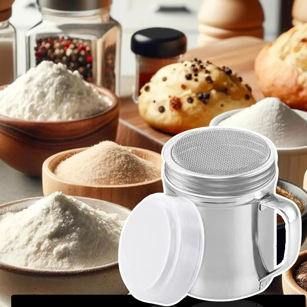 Powder Shaker Bottle Stainless Steel Salt Shakers Bottle With Dust-Proof Lid With Handle Container Jar for Coffee Flour Sugar Qme