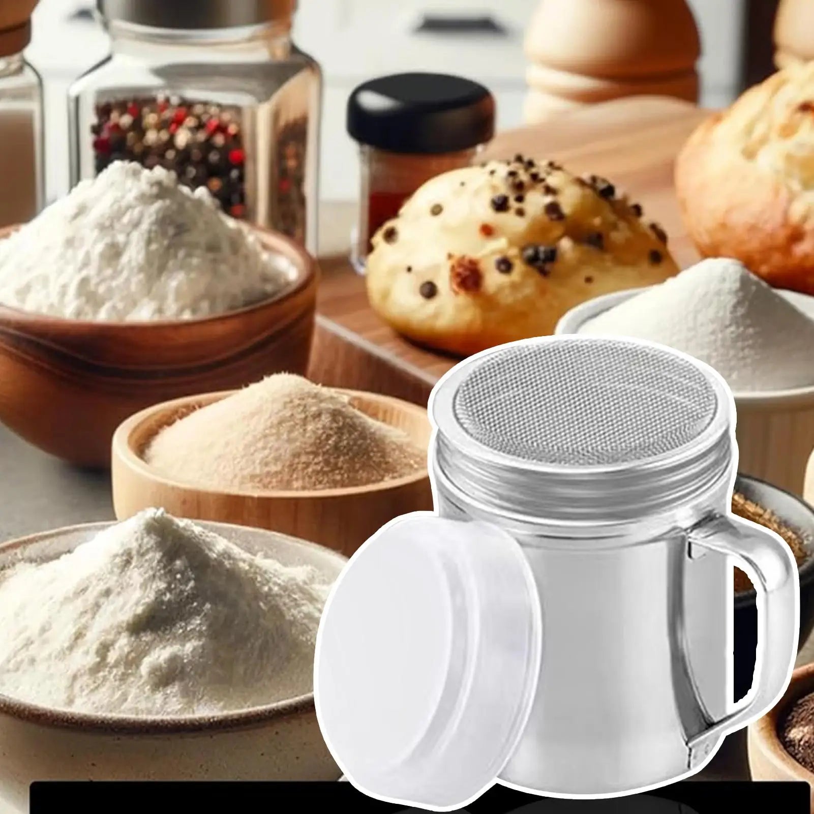 Powder Shaker Bottle Stainless Steel Salt Shakers Bottle With Dust-Proof Lid With Handle Container Jar for Coffee Flour Sugar Qme