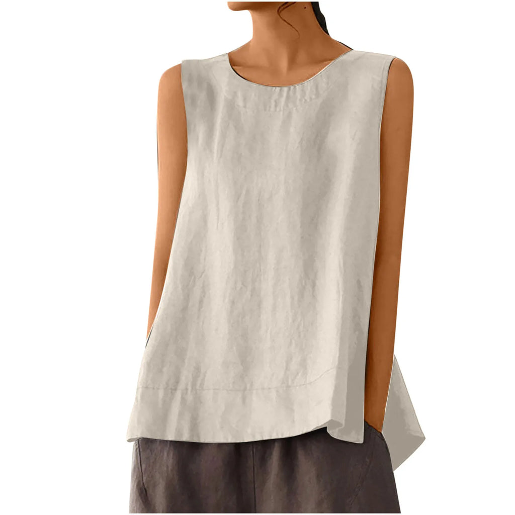 Female Summer Oversized Solid Color Retro Casual Cotton Linen Solid Color Sleeveless Round Neck Soft And Breathable Top Vest Qme