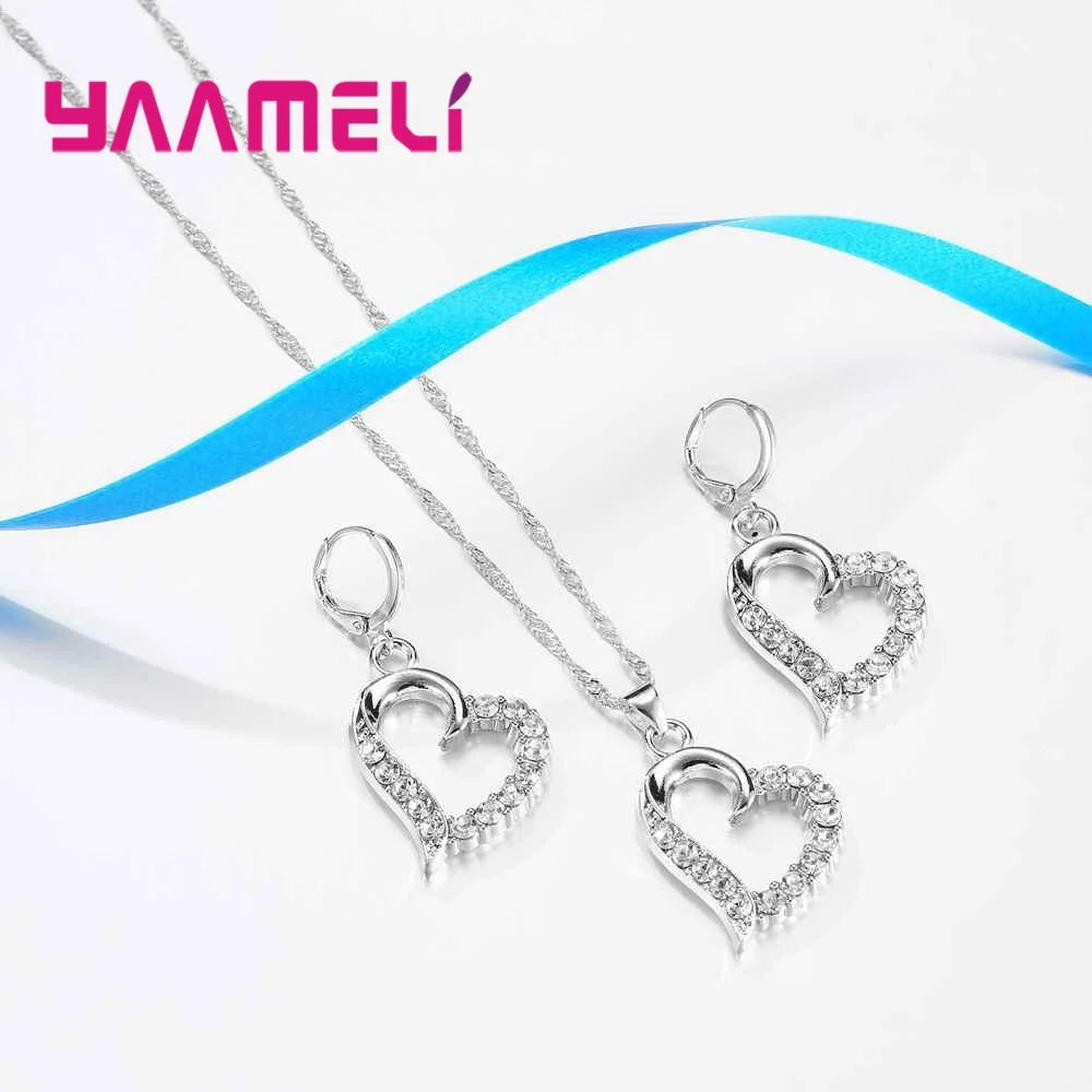 Birthday Valentines Gift Cubic Zircon Heart Pendant Jewelry Set 925 Sterling Silver Color Necklace Earring Women Wedding Sets Qme