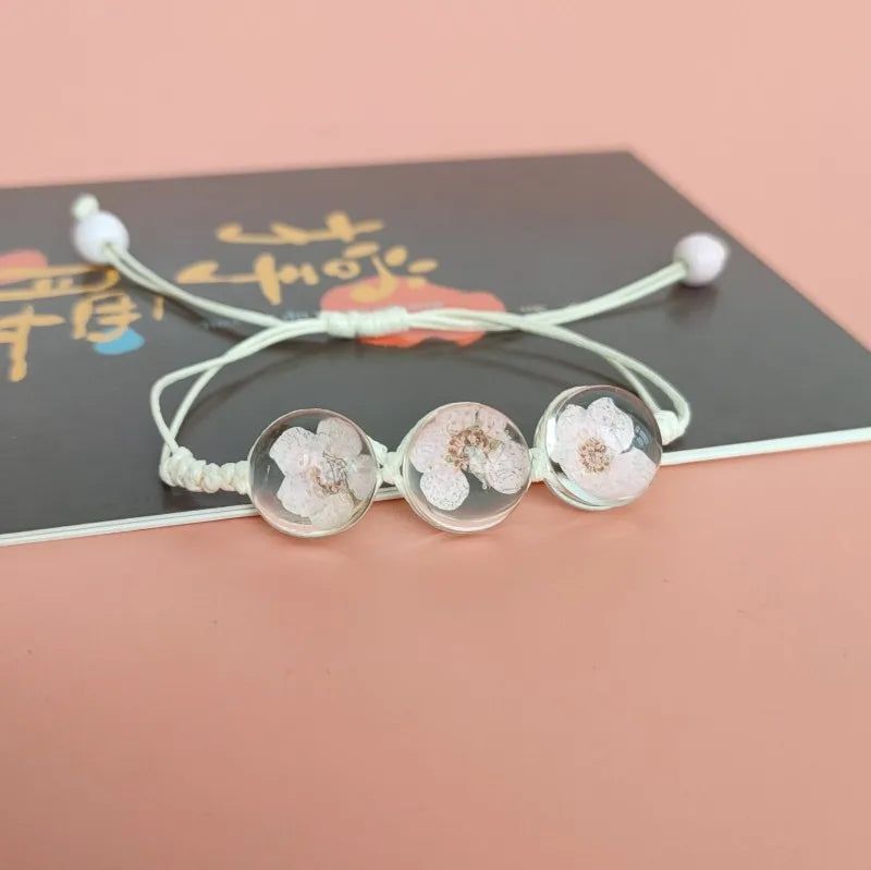 b22 Glass Ball Dried Cherry Blossoms Bracelets Hand-made Dried Flower Charm Bracelets Girls Gifts Natural Flower Weave Jewelry Qme