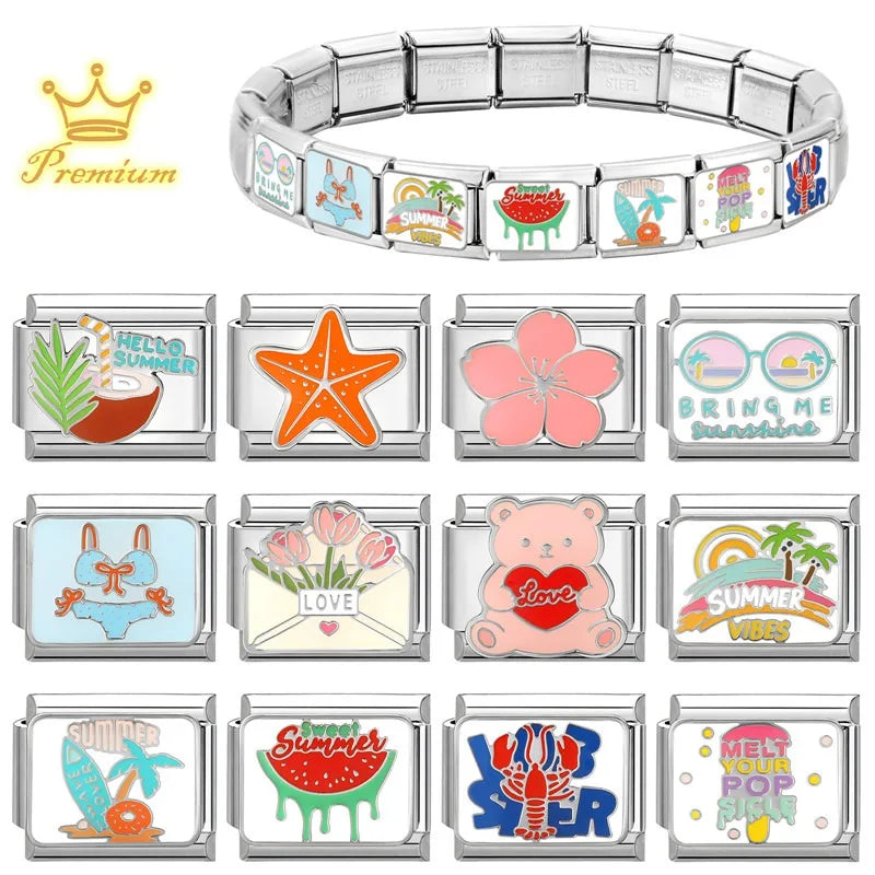 2026 Colour Glaze Red Love Heart Bear Bikini Coconut tree Italian Charm Links Fit 9mm Stainless Steel Bracelet DIY Making Gifts Qme