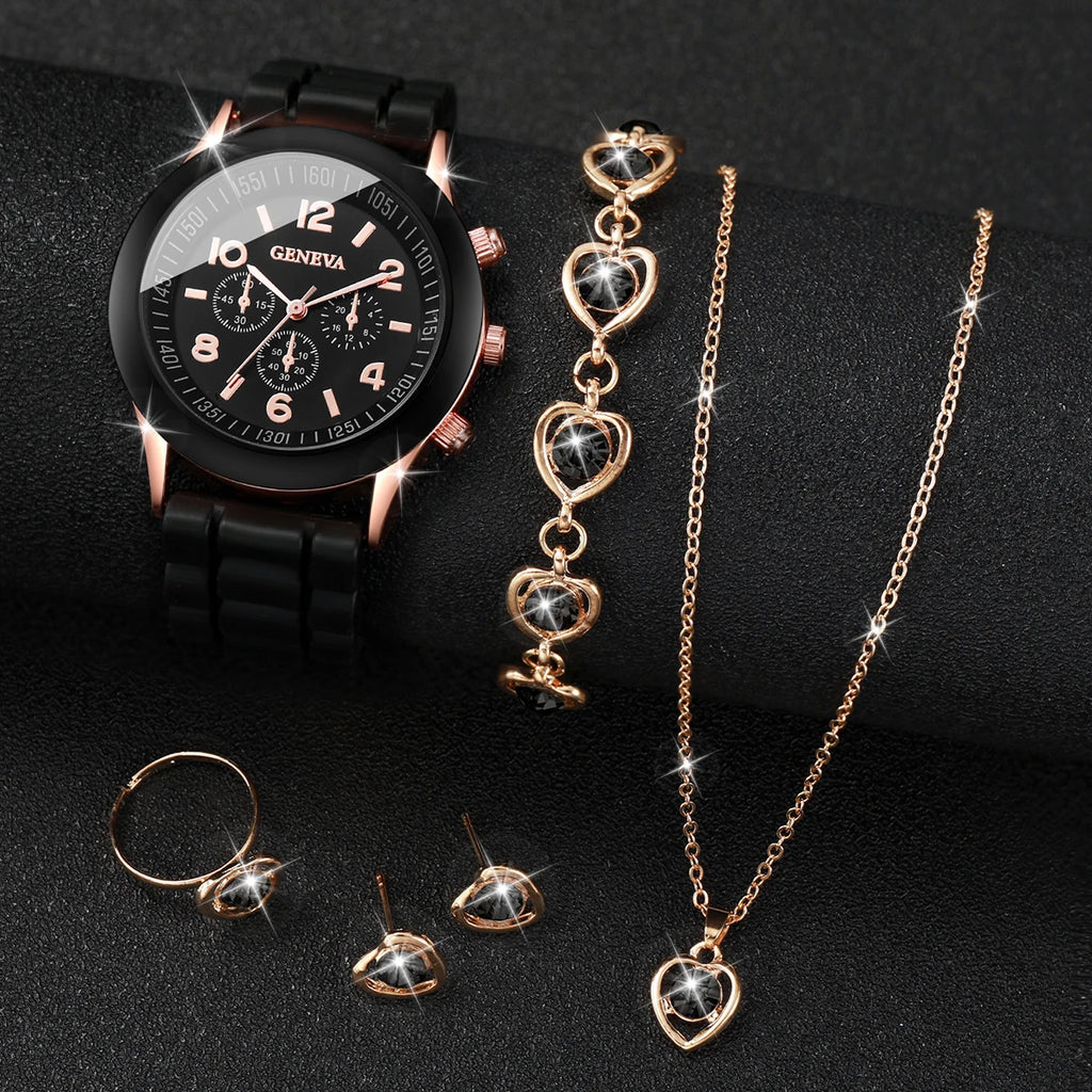 5Pcs Heart Crystal Watch Jewelry Set Women Geneva White Silicone Chronograph Quartz Wristwatch Matching Heart Jewelry Gift Qme Coffee