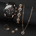 5Pcs Heart Crystal Watch Jewelry Set Women Geneva White Silicone Chronograph Quartz Wristwatch Matching Heart Jewelry Gift Qme Coffee