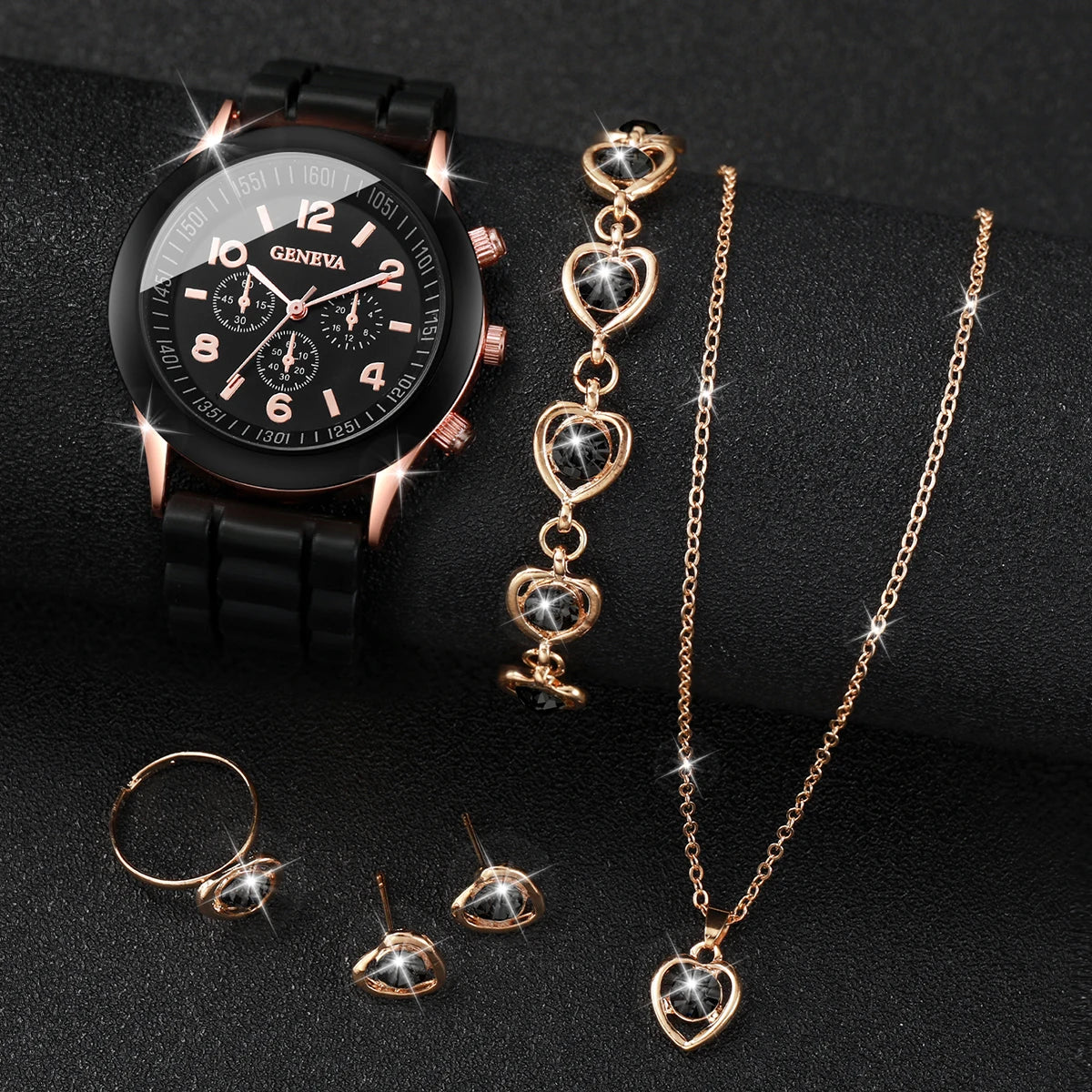 5Pcs Heart Crystal Watch Jewelry Set Women Geneva White Silicone Chronograph Quartz Wristwatch Matching Heart Jewelry Gift Qme Coffee