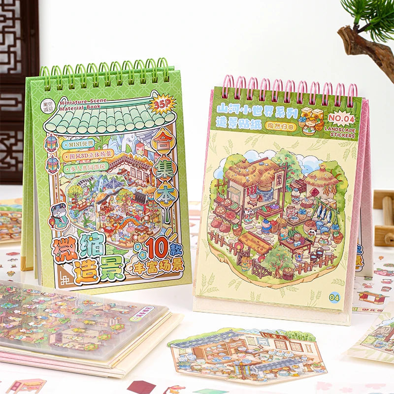 35 landscape stickers per book 2.5D Landscape Sticker Cartoon Scene DIY Sticker Stacking Pasting Festival Gift for Kid Child Qme