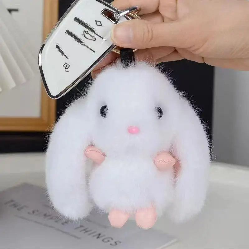 Plush Rabbit Keychain Fluffy White Soft Charm Mini Pendant Decorative Accessory for Women Travel Bag Decoration Qme White