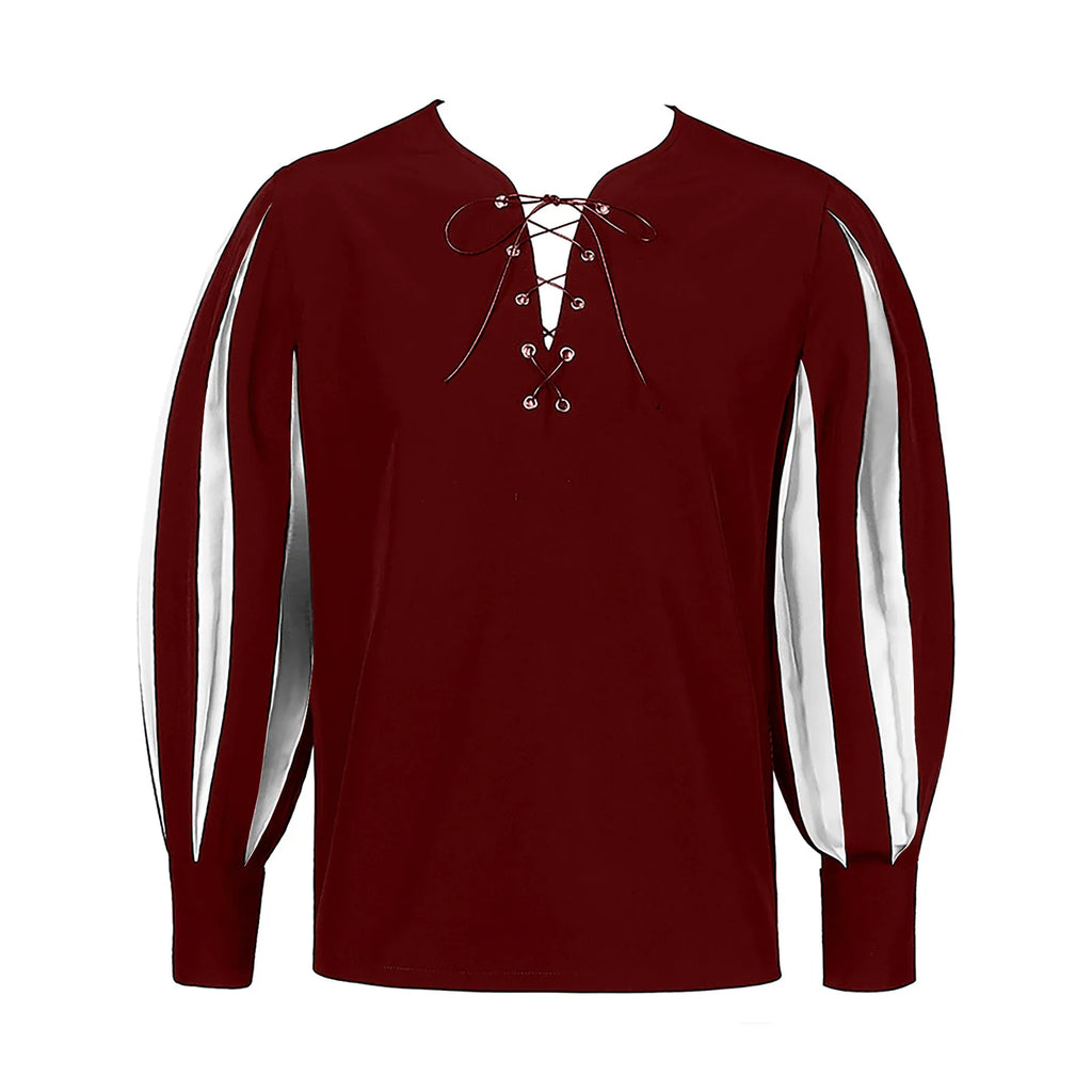 Men's Gothic Dark Contrast Lace Up Top Casual Vintage Medieval Renaissance Loose Soft Clothes Long Sleeve Shirt With Waistband Qme