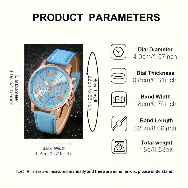 Fashion quartz watch and jewelry set, shock resistant circular analog digital display, PU leather strap, zinc alloy case Qme