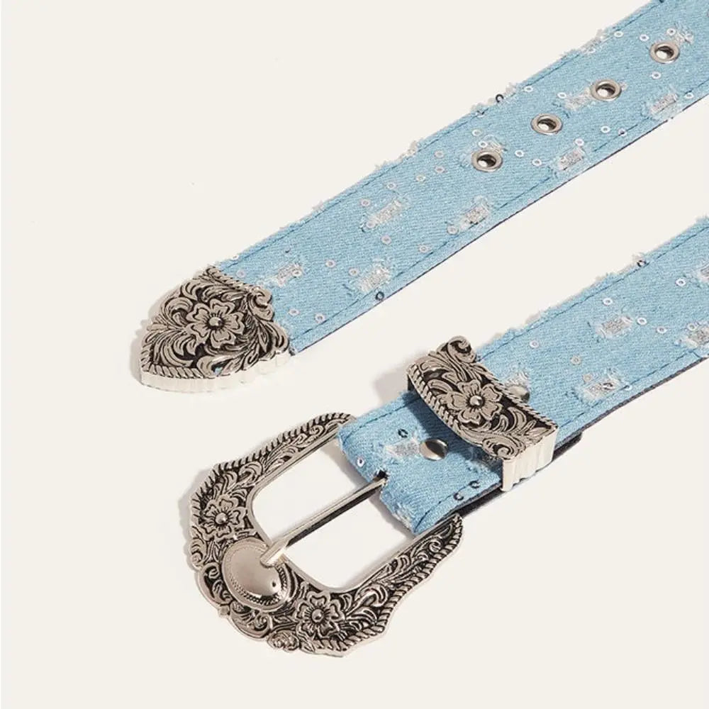 Casual Korean Sequin Belt Harajuku Y2k Metal Buckle Aesthetic Ripped Qme