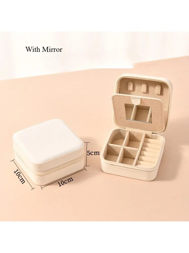 1pc Single Layer Square Storage Box Ladies Travel Leather Jewelry Box Classic Various Colors Storage Box with Mirror Qme White