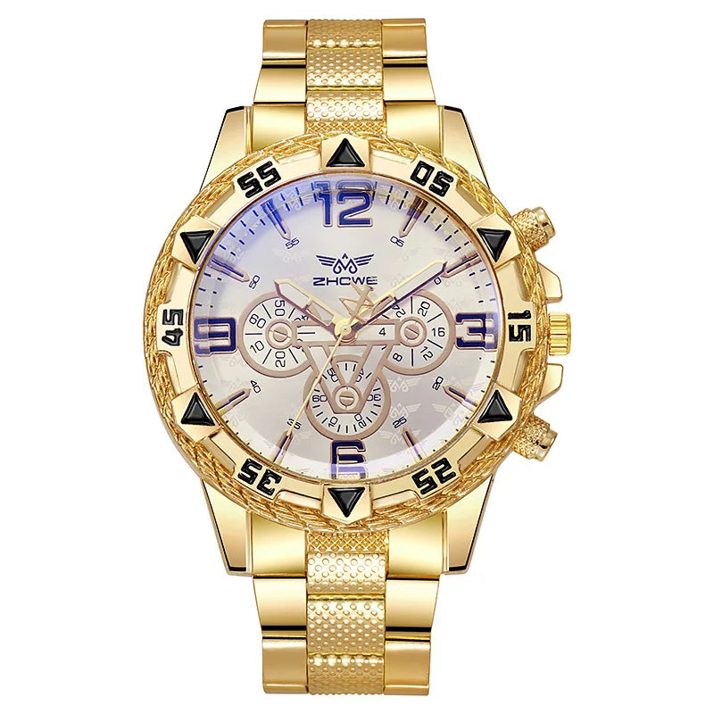 Men's Watch Blue Light Glass Quartz Watch Fashion Classic Watch Fake Three Eye Digital Alloy Watch Qme Gold White
