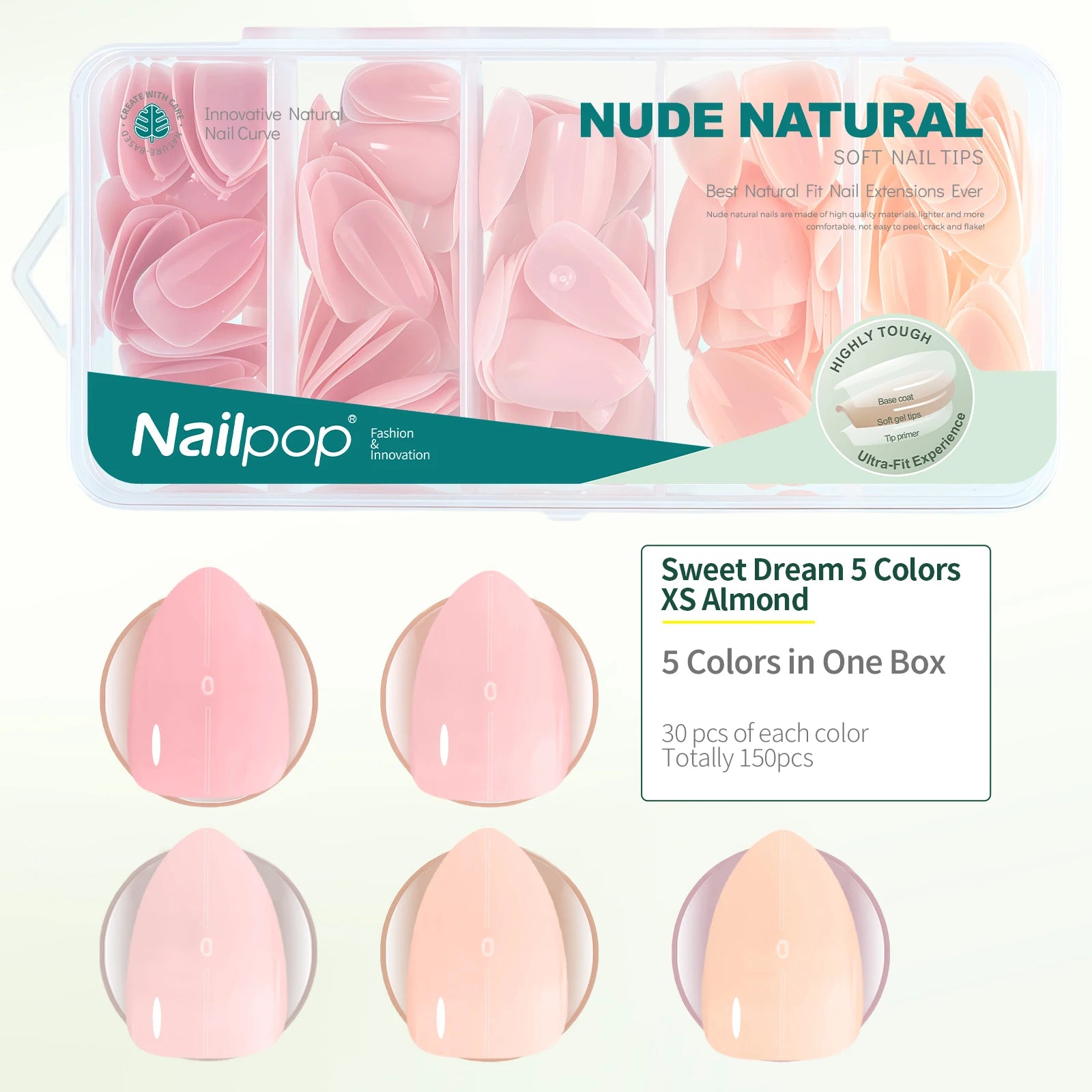 Nailpop 140 1 Nude Pink Nail Tips Per Square Almond Coffin Oval Soft Qme 150PINK XS Almond