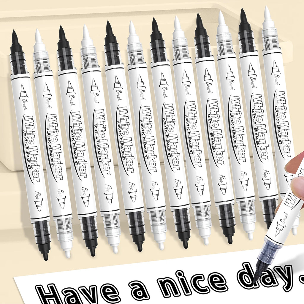 2-6Pcs Black/White Large Capacity Dual Tip Permanent Acrylic Paint Pen for Art Supplies, Fabric Paint, Markers for DIY Art Qme