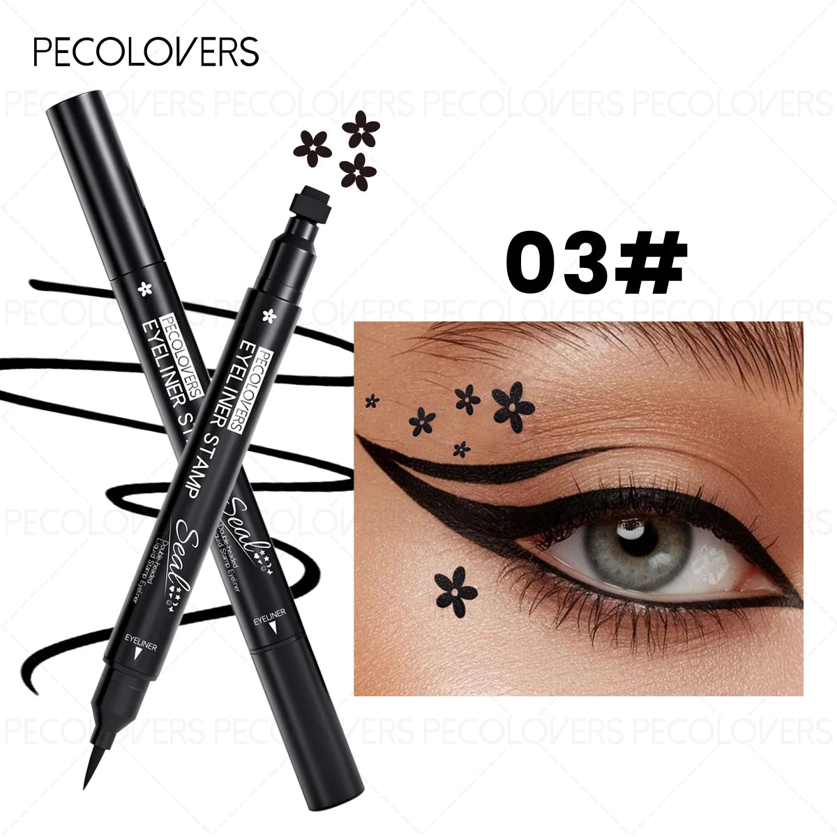 Dual-ended 2-in-1 Eyeliner Stamp, Smooth Black Liquid Eyeliner Pen, Cat Eye Smiley Moon Heart Stamp One-Swipe, Whimsical Makeup Qme 03