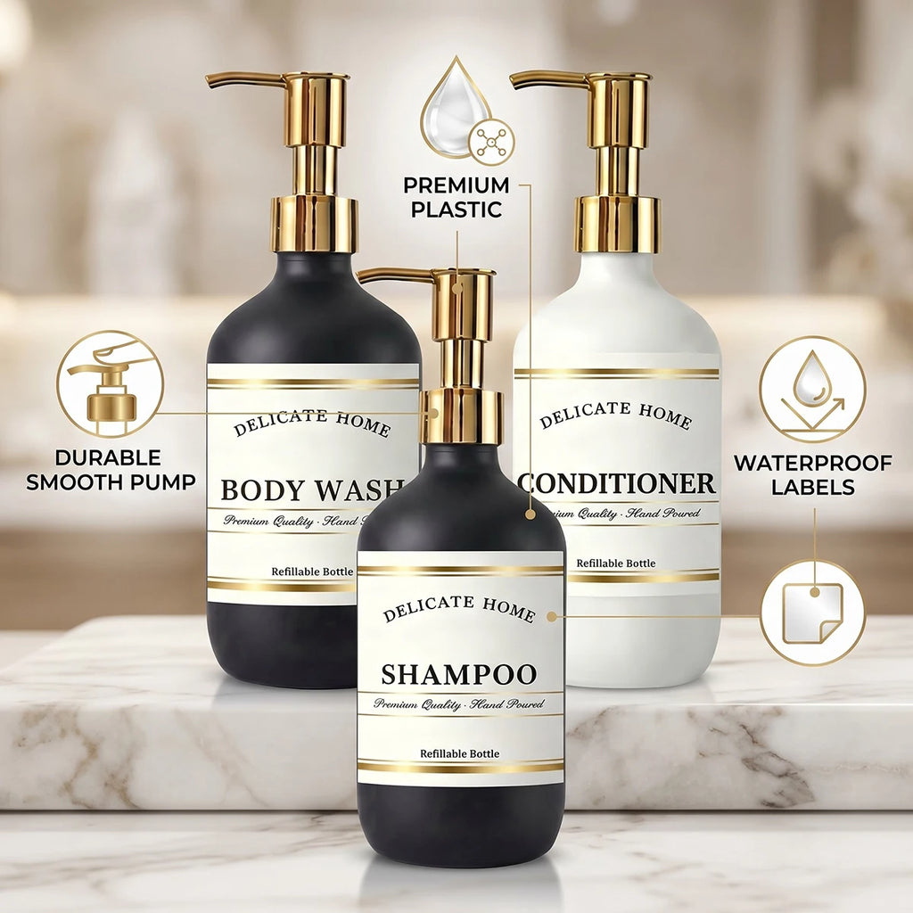 Delicate Home Refillable Shampoo Conditioner Body Wash Bottles Set of 3 Matte Black & White Plastic Pump Bottles Luxury Bathroom Qme