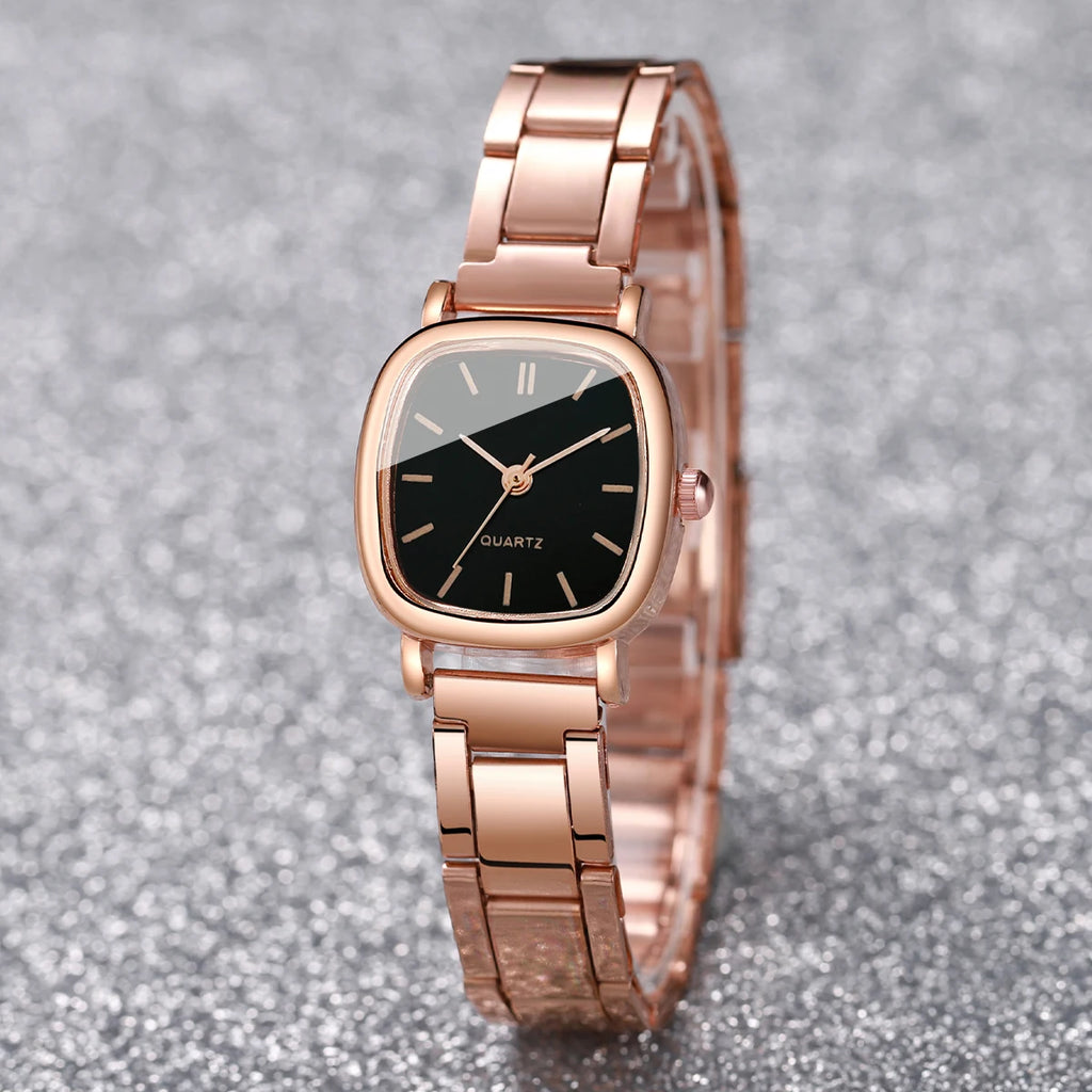 2Pcs Square Watch Bracelet Set Women Rose Gold Metal Band Black Dial Quartz Wristwatch Black Heart Charm Bracelet Jewelry Gift Qme