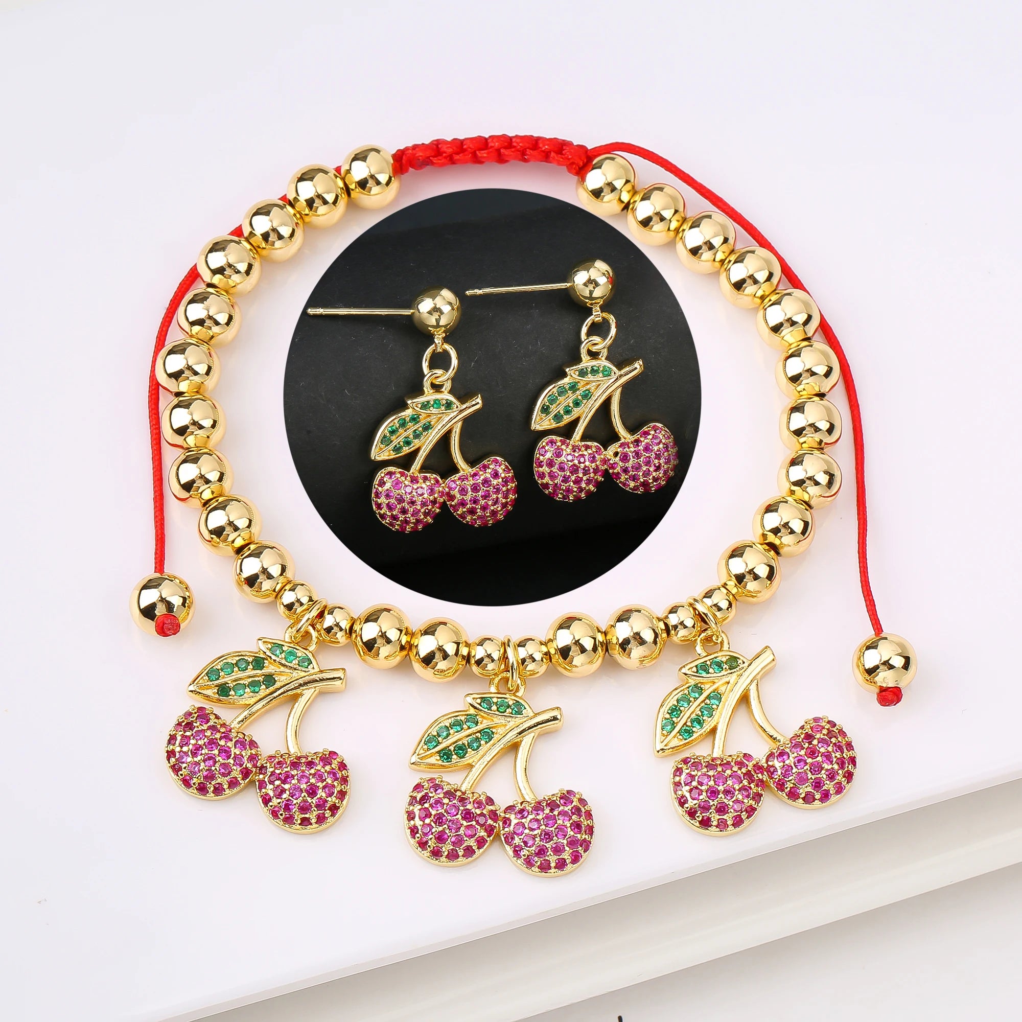 2PCS Trendy Red Cherry Strawberry Bracelet Earring Fruit Set for Women Casual Vacation Zirconia Jewelry Girls Lucky Gift Qme Jewelry Set 7