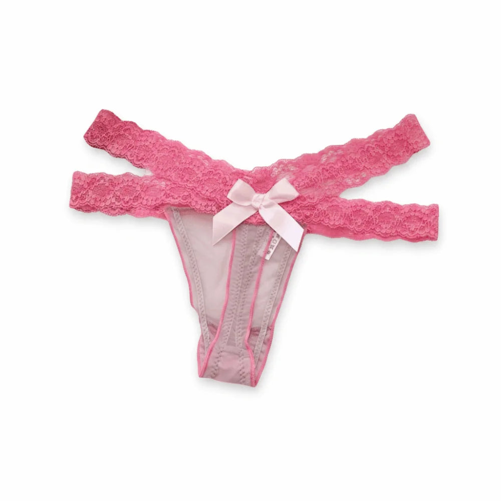 Sweet Low Waist Lace Thongs Transparent Lingerie Ladies T-back Briefs Qme Peach Color One Size 1pc