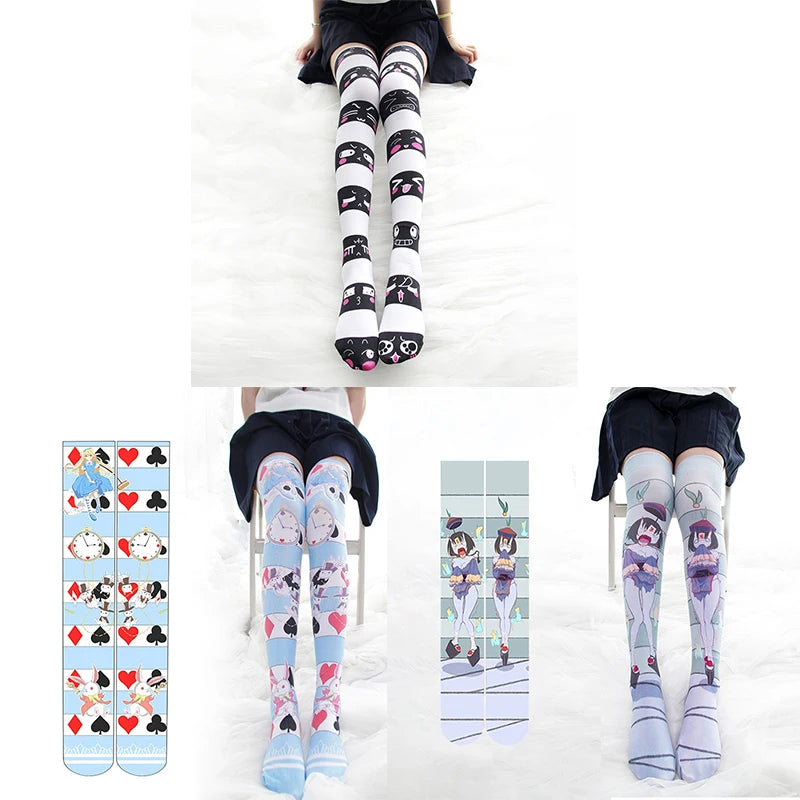 Funny Alice Striped Fashion Print Lolita JK Cute Girl Over Knee Qme