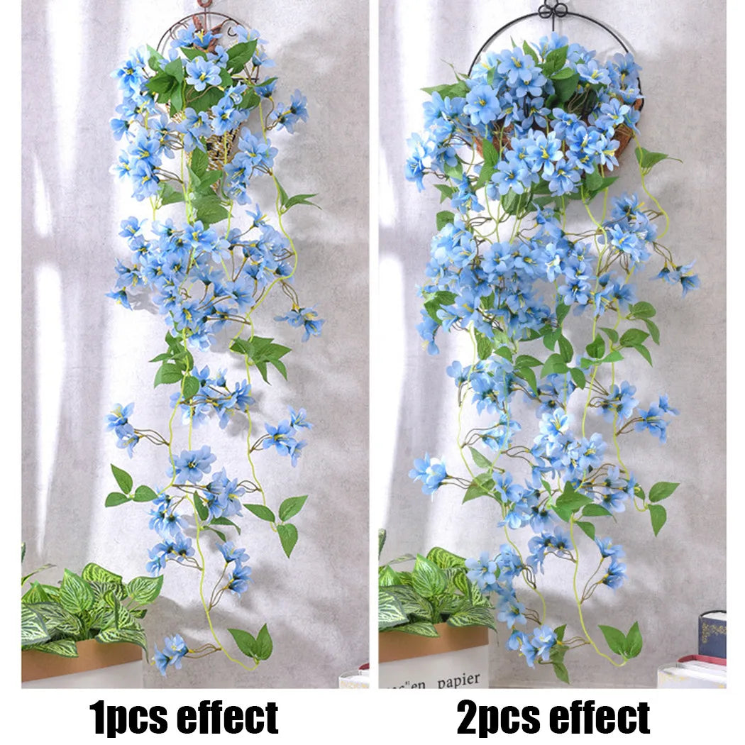 1PCS Hanging Artificial Fake Hanging Silk Flowers Vines Plants Garden Decor Indoor Outdoor Wedding Party Wall Balcony Decor Qme winter jasmine Blue