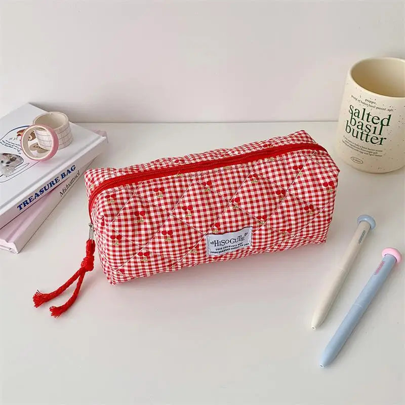 Cute Cherry Plaid Large Capacity Pencil Case Student Stationery Bag Qme Red