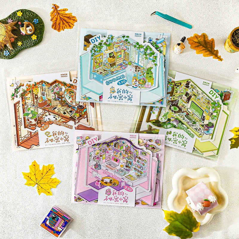 DIY Cartoon Leisure Life in 4 Seasons Landscape Sticker 3D Pocket Cabin Scene Stacking Pasting Stickers Gift for Kid Child Qme All