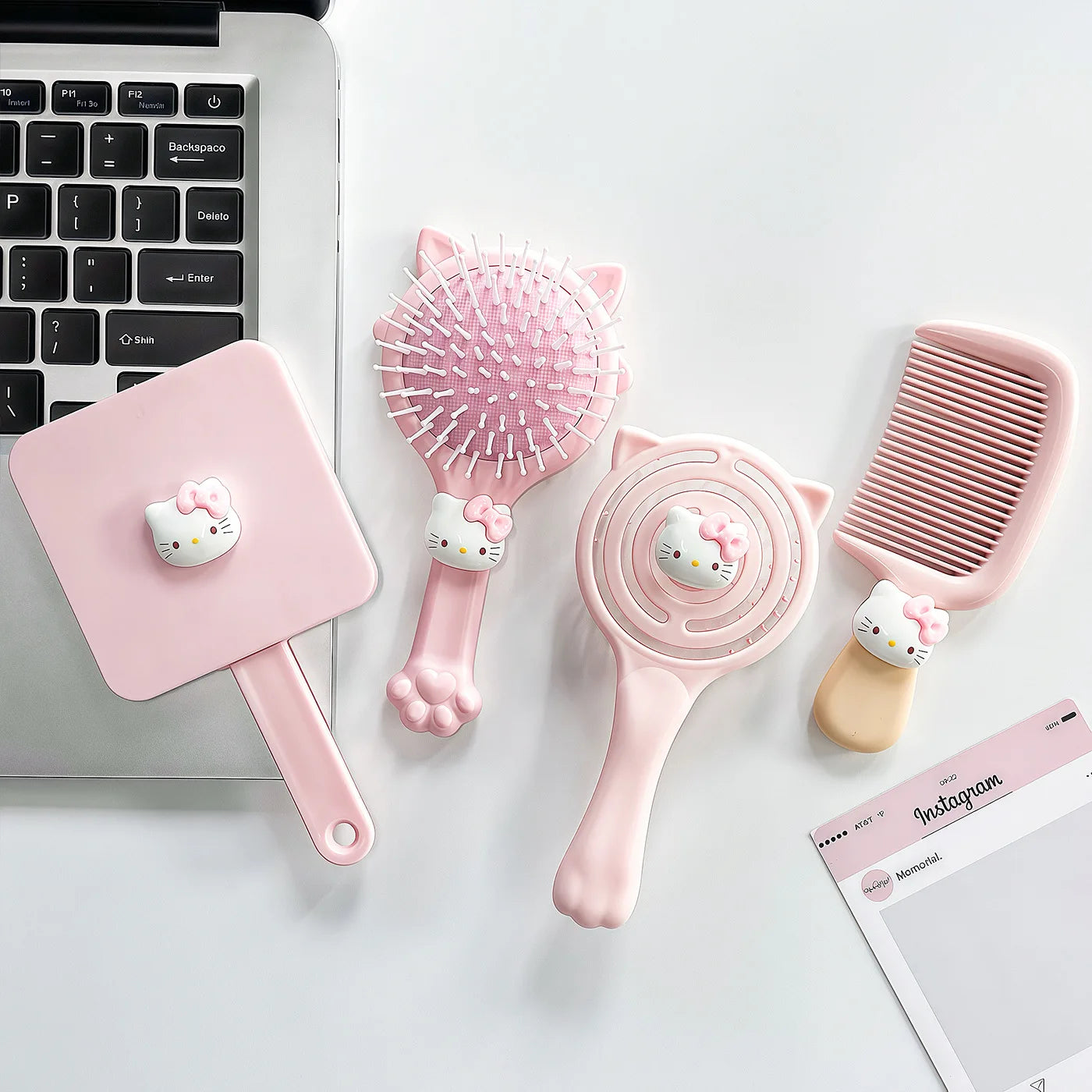Hello Kitty Volumizing Openwork Comb Massage Cushion Comb Air-Cushion Comb Straightening Comb and Mirror 4-Piece Set Qme 12