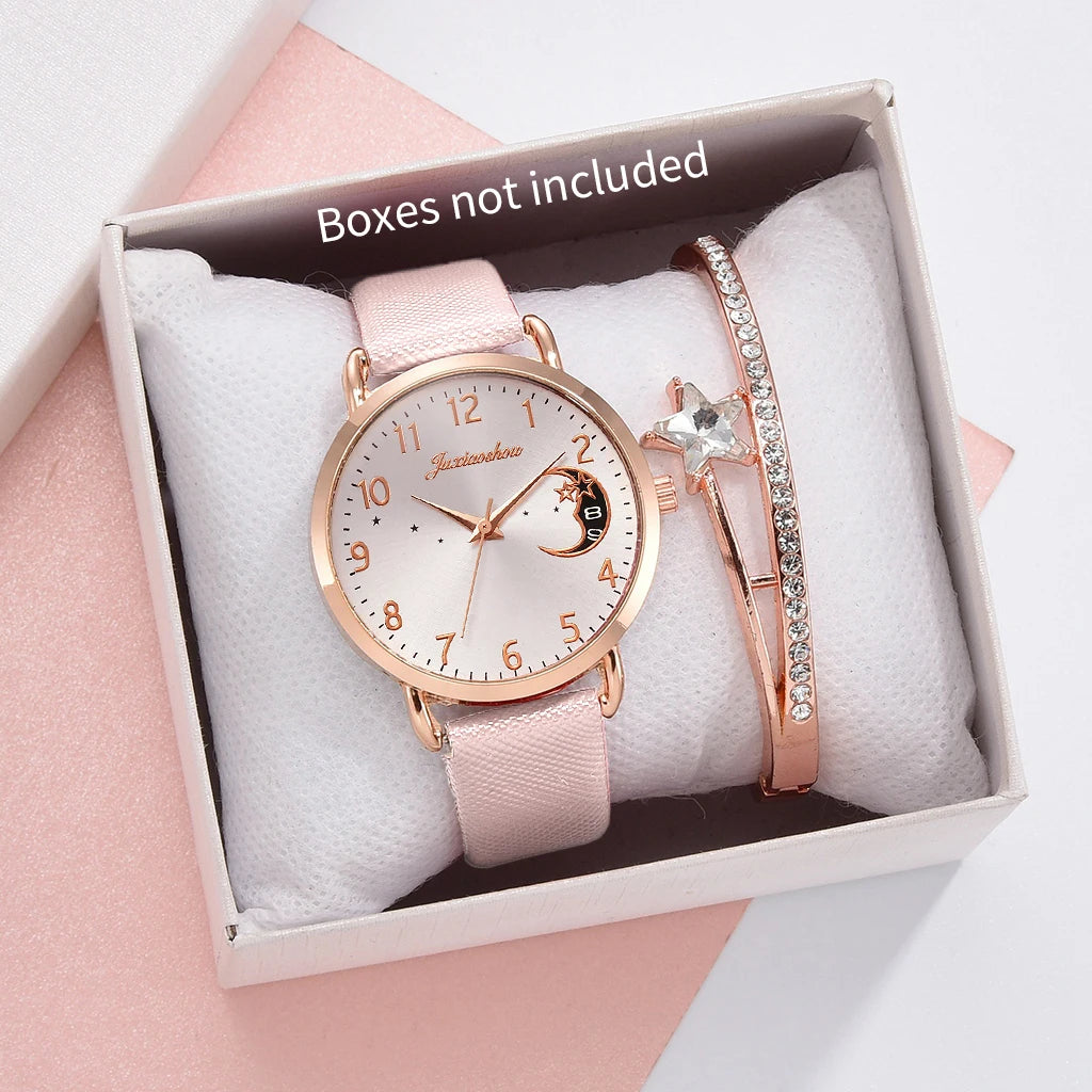 2PCS Fashion Moon Dial Women Quartz Watch Bracelet Set Casual Leather Strap Ladies Wristwatch Reloj Mujer（Without Box） Qme Pink No Box