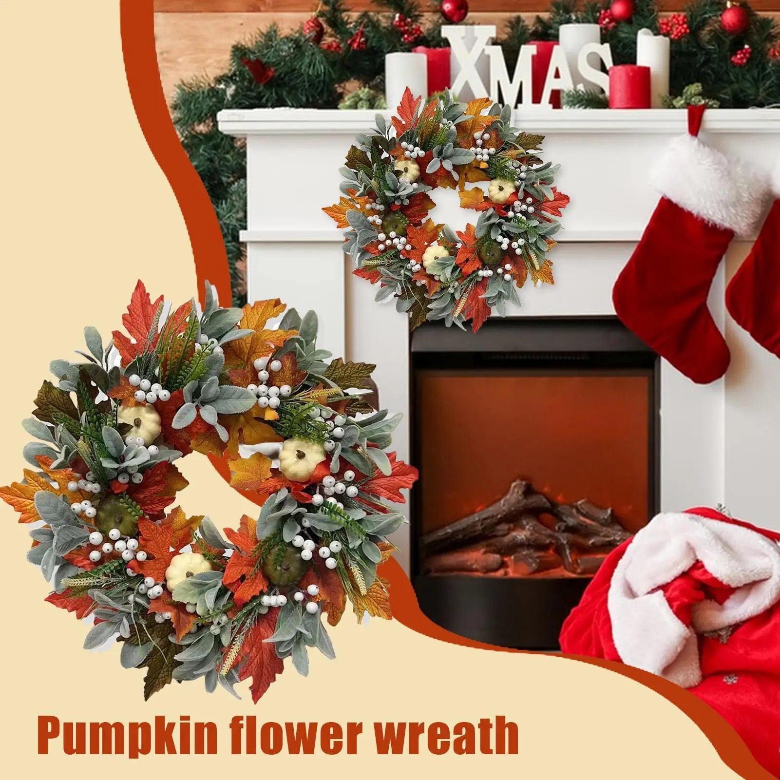 Halloween Wreath Harvest Season Decor Festive Maple Leaves Pumpkin Qme