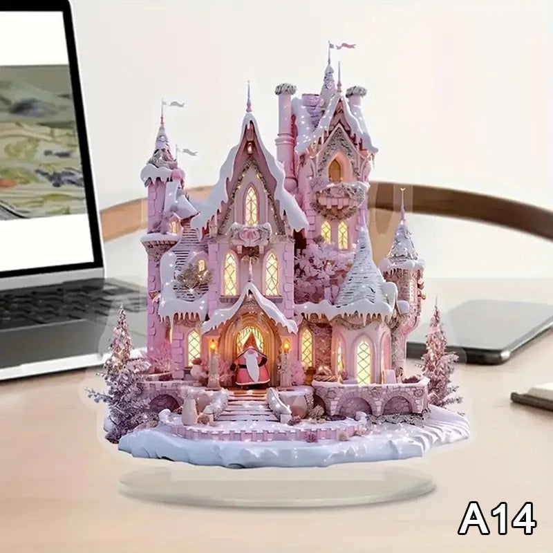 2D Flat Acrylic Christmas Desk Decor Base Snowman House Rotating Qme A14