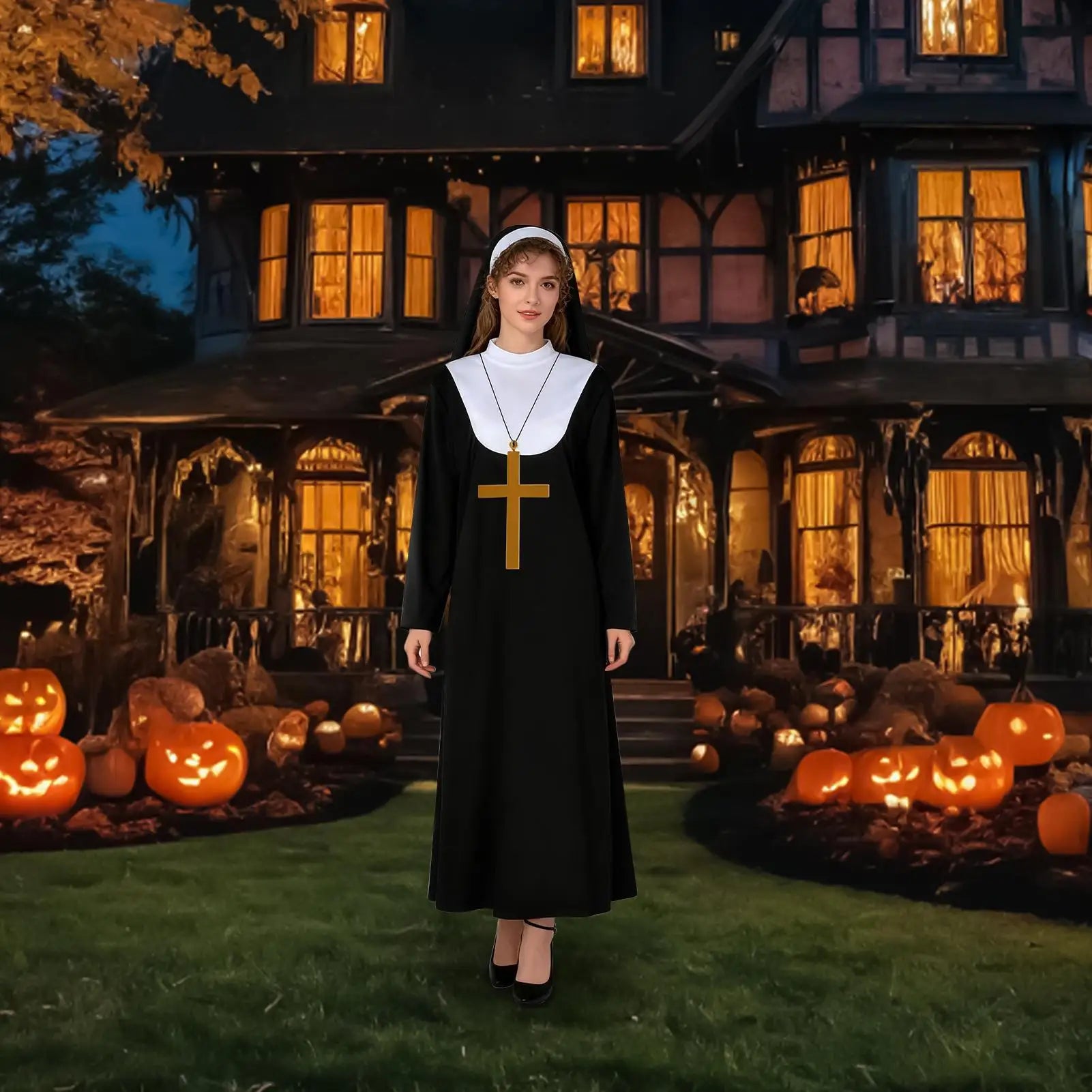 Nun Costume Cross Pendant Necklace Headpiece Costume Nun Headpiece Set for Women Adults Halloween Party Church Event Religious Qme