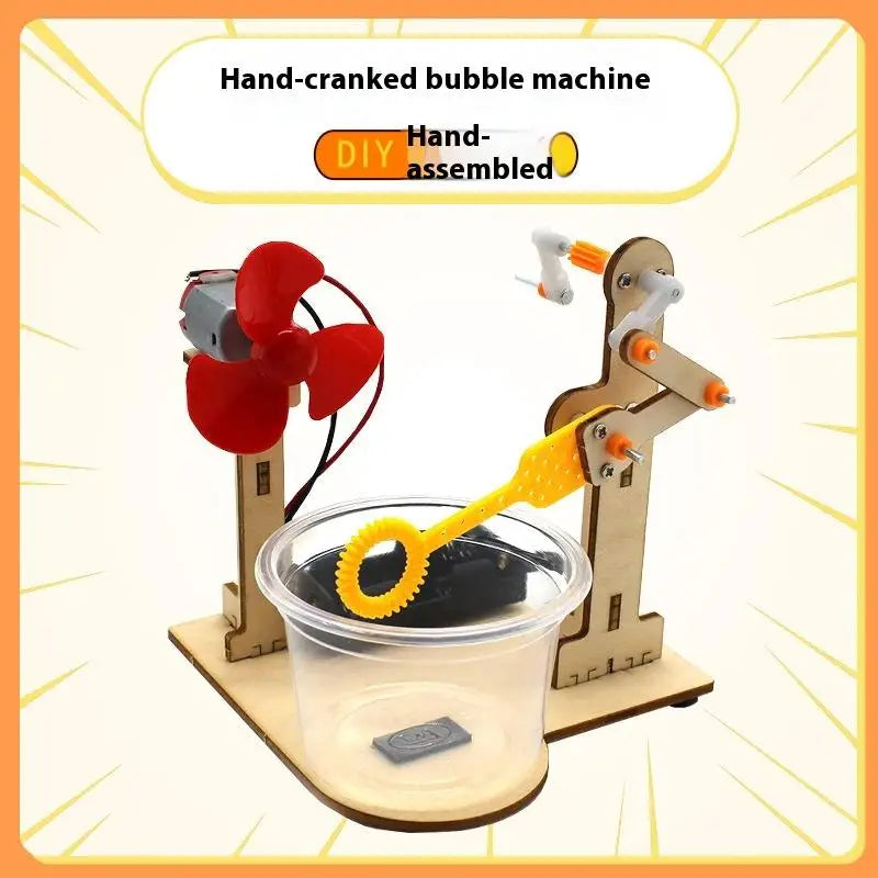 Early Learning Toy Technology Wooden DIY Hand Cranked Bubble Machine Qme