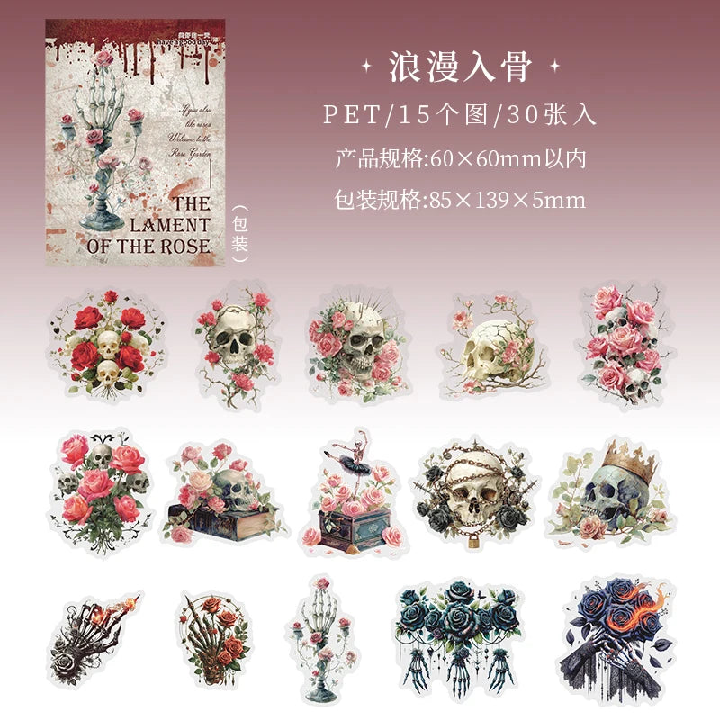 30 Sheets/Bag Dark Gothic Horror Rose Themed PET Sticker Pack for DIY Scrapbook Phone Case Notebook Decoration Craft Qme 5