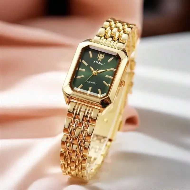 Retro Emerald Green Rectangular Gold Watch Dainty Heart Crystal Stack Bracelet Set Qme