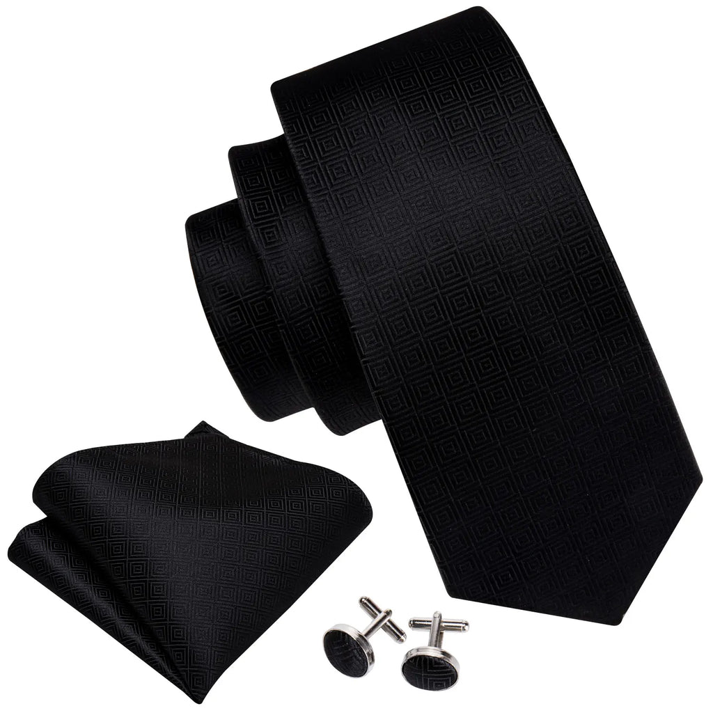 Black Geometric Tie Tie For Men Wedding Tie Party Necktie Handkerchief Cravat Barry.Wang Fashion Designer Tie Set LS-5225 Qme
