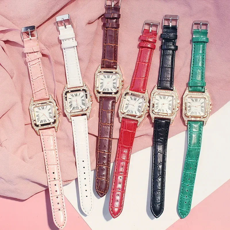 Women Diamond Watch Starry Square Dial Bracelet Watches Set Ladies Leather Band Quartz Wristwatch Female Clock Zegarek Damski Qme