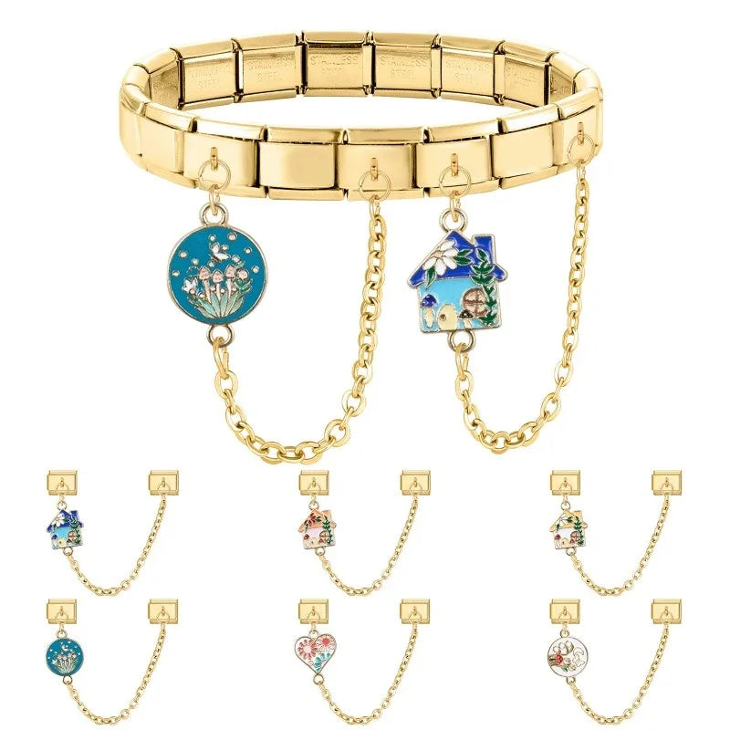 2025 New Heart Flowers Home Golden Women Fashion Chain Italian Charm Link Fit 9mm Bracelet Stainless Steel Making DIY Jewelry Qme