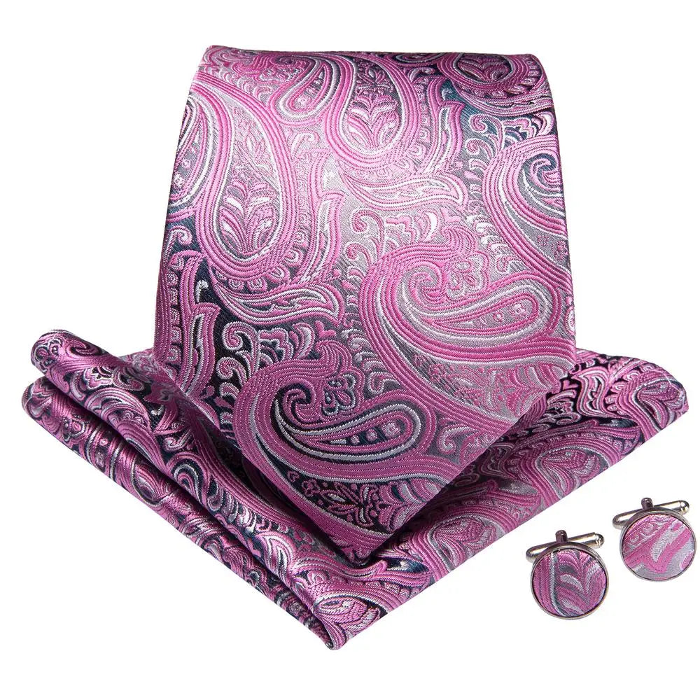 Mens Necktie Luxury Pink Paisley Silk Business Tie Pocket Square Qme