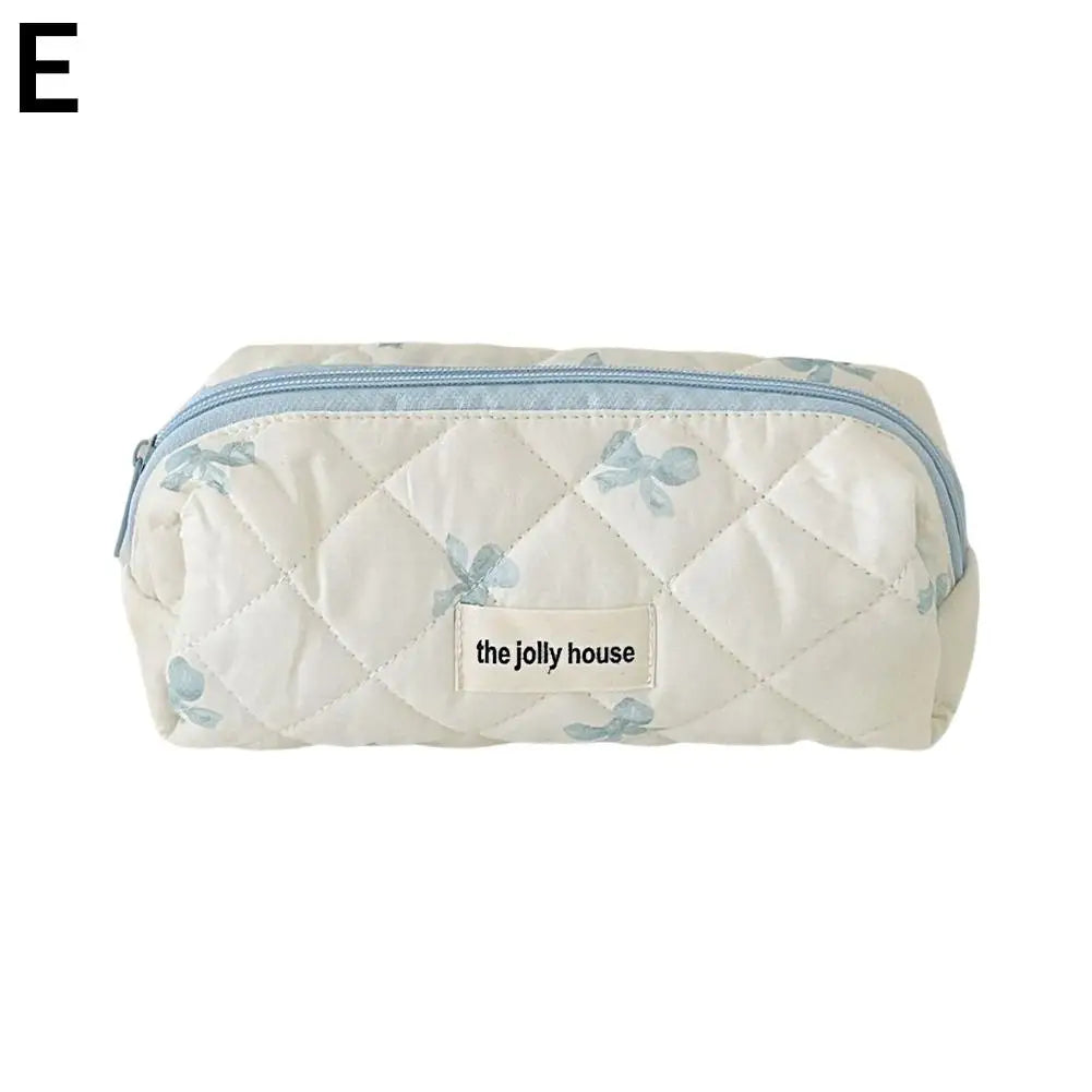 Quilted Makeup Bag 3 Sizes Floral Toiletry Cosmetic Pouch Organizer Qme blue-S