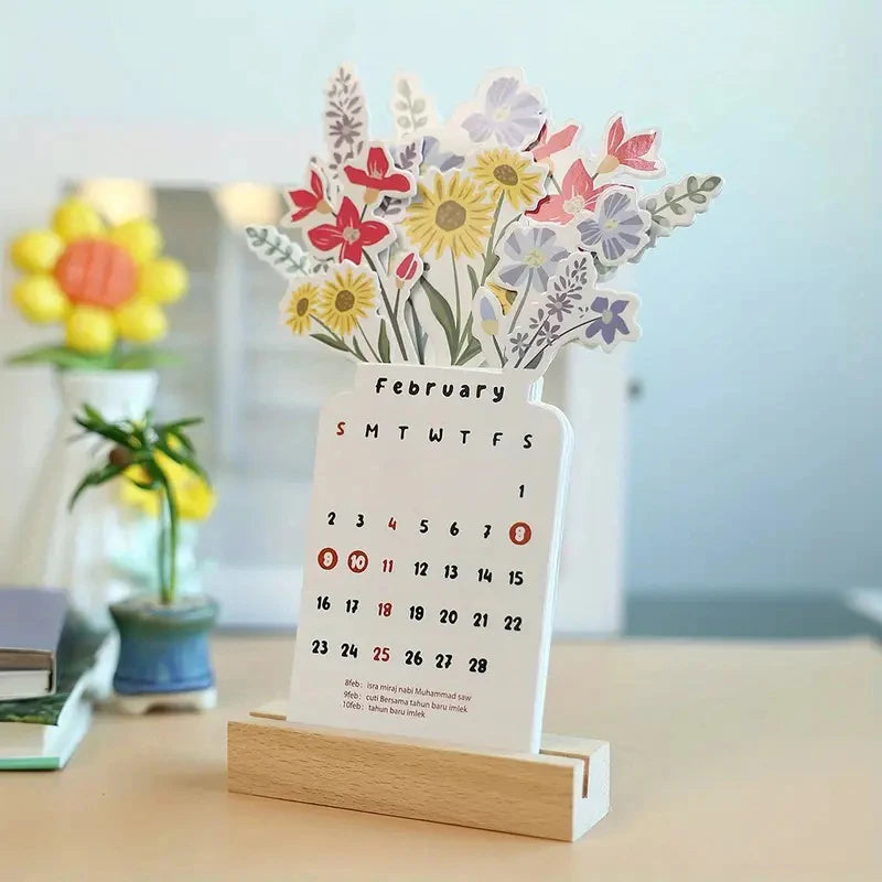 2026 Bloomy Flowers Mini Calendar Standing Desk Vase-like Desktop Qme