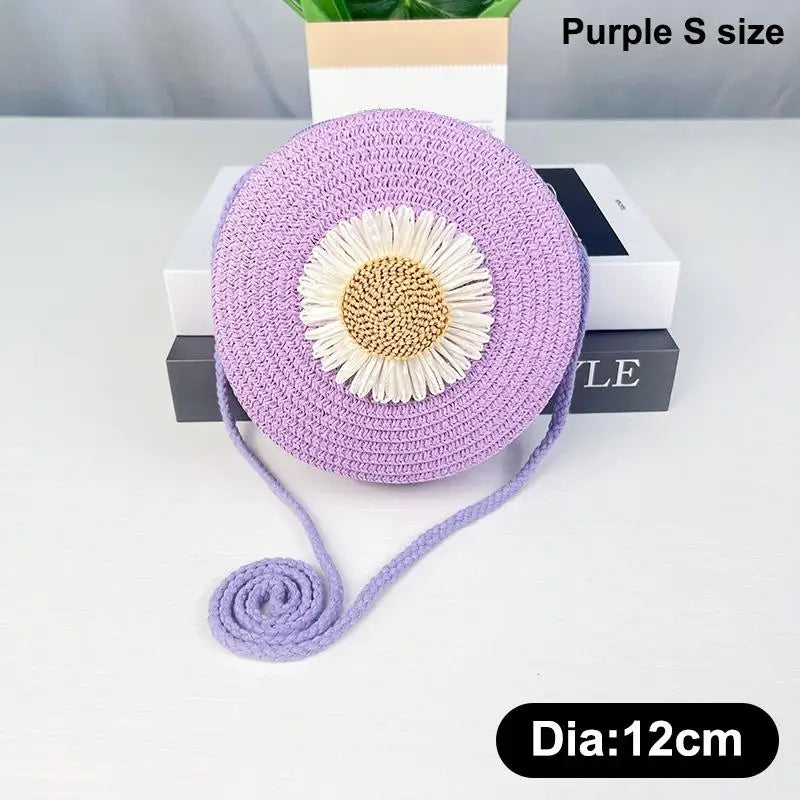 Floral Circle Straw Crossbody Bag: Vintage Mini Shoulder Purse with Graphic Decor for Women's Summer Beach & Casual Outings Qme Purple S