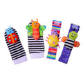 4Pcs Baby Toy 0-12 Months Baby Rattles Toys Animal Socks Wrist Strap + Rattle Baby Foot Socks Bug Wrist Strap Baby Socks New Qme 4PCs