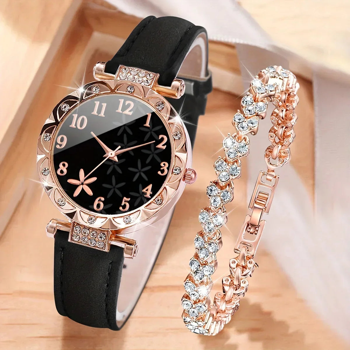 2pcs/set Women's Flower Rhinestone Fashion Quartz Watch Analog PU Leather Wrist Watch & Bracelet, Gift For Mom Her Qme Bronze No