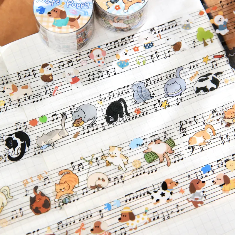 1 Roll Cute Pets Music Score Theme PET Tape for Scrapbooking DIY Collage Phone Case Notebook Decoration Qme