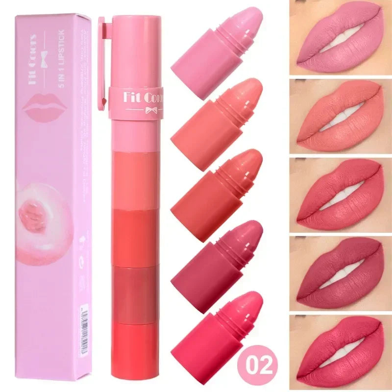 5 Colors in 1 Lipstick Crayon Set Matte Lipstick Pencil Kit Combo Velvet Red Lip Tint Non-stick Cup Multicolour Lipstick Makeup Qme 02 Peach